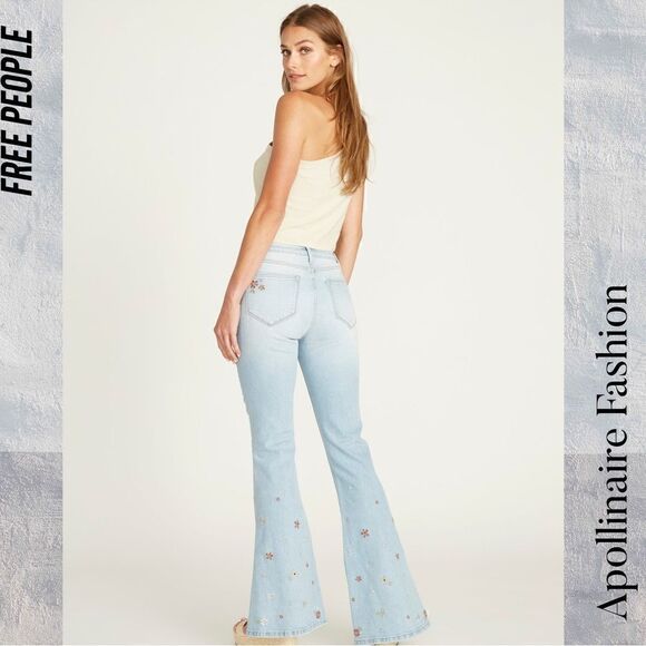FREE PEOPLE BY DRIFTWOOD FARRAH FLARE TWEEEDLE DUM SLIT JEANS NWT - Picture 5 of 11